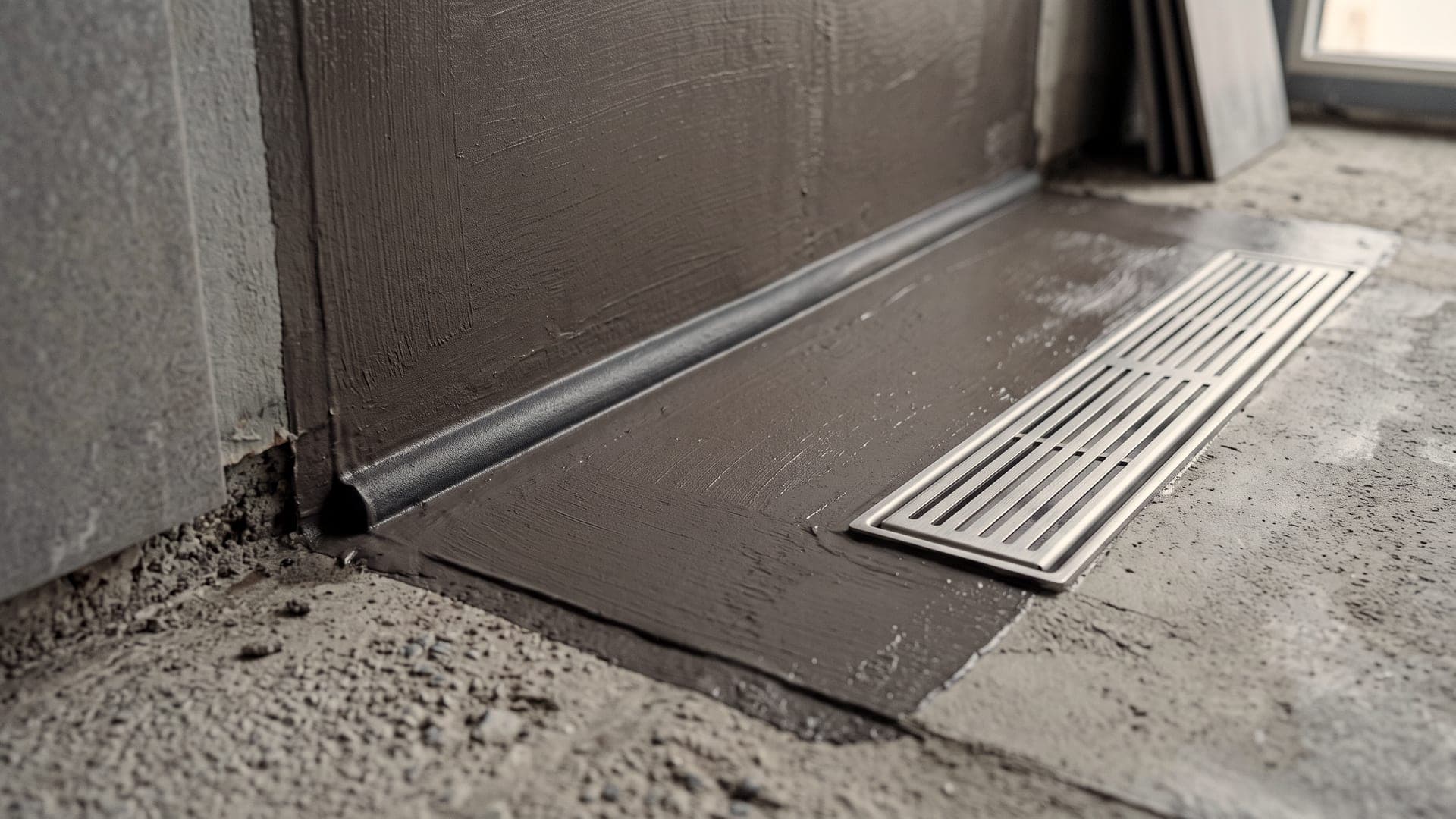 Before: Waterproofing membrane applied to a shower recess, with a reinforced wall-to-floor junction.